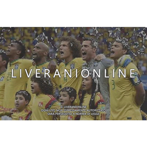 (140712) -- BRASILIA, July 12, 2014 () -- Brazil\'s players sing the national anthem before the third place play-off match between Brazil and Netherlands of 2014 FIFA World Cup at the Estadio Nacional Stadium in Brasilia, Brazil, on July 12, 2014.(/Yang Lei)(rh) AG ALDO LIVERANI SAS ONLY ITALY