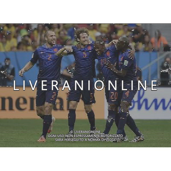 (140712) -- BRASILIA, July 12, 2014 () -- Netherlands\' Daley Blind (2nd L) celebrates a goal during the third place play-off match between Brazil and Netherlands of 2014 FIFA World Cup at the Estadio Nacional Stadium in Brasilia, Brazil, on July 12, 2014.(/Yang Lei)(rh) AG ALDO LIVERANI SAS ONLY ITALY