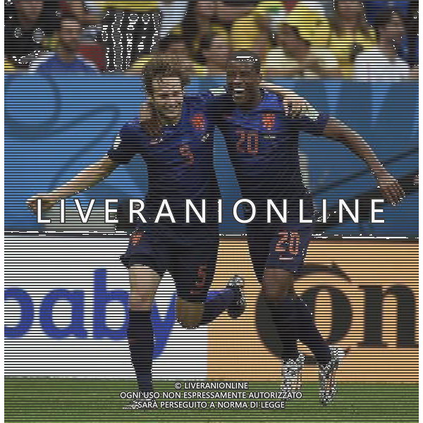 (140712) -- BRASILIA, July 12, 2014 () -- Netherlands\' Daley Blind (L) celebrates a goal during the third place play-off match between Brazil and Netherlands of 2014 FIFA World Cup at the Estadio Nacional Stadium in Brasilia, Brazil, on July 12, 2014.(/Yang Lei)(rh) AG ALDO LIVERANI SAS ONLY ITALY