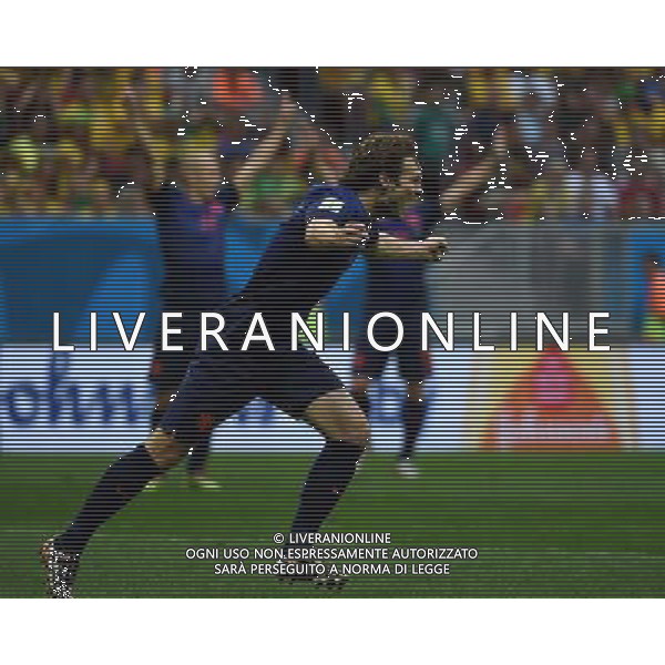 (140712) -- BRASILIA, July 12, 2014 () -- Netherlands\' Daley Blind celebrates after scoring a goal during the third place play-off match between Brazil and Netherlands of 2014 FIFA World Cup at the Estadio Nacional Stadium in Brasilia, Brazil, on July 12, 2014.(/Guo Yong)(pcy) AG ALDO LIVERANI SAS ONLY ITALY