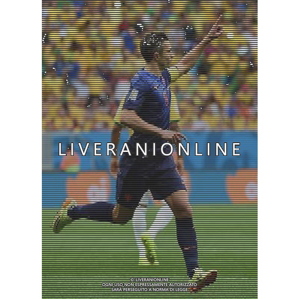 (140712) -- BRASILIA, July 12, 2014 () -- Netherlands\' Robin van Persie celebrates after scoring a penalty kick during the third place play-off match between Brazil and Netherlands of 2014 FIFA World Cup at the Estadio Nacional Stadium in Brasilia, Brazil, on July 12, 2014.(/Guo Yong)(pcy) AG ALDO LIVERANI SAS ONLY ITALY