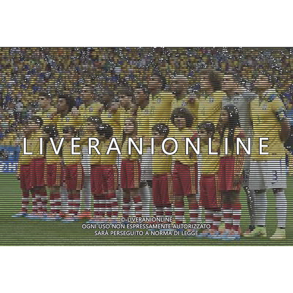 (140712) -- BRASILIA, July 12, 2014 () -- Brazil\'s players sing the national anthem before the third place play-off match between Brazil and Netherlands of 2014 FIFA World Cup at the Estadio Nacional Stadium in Brasilia, Brazil, on July 12, 2014.(/Yang Lei)(rh) AG ALDO LIVERANI SAS ONLY ITALY