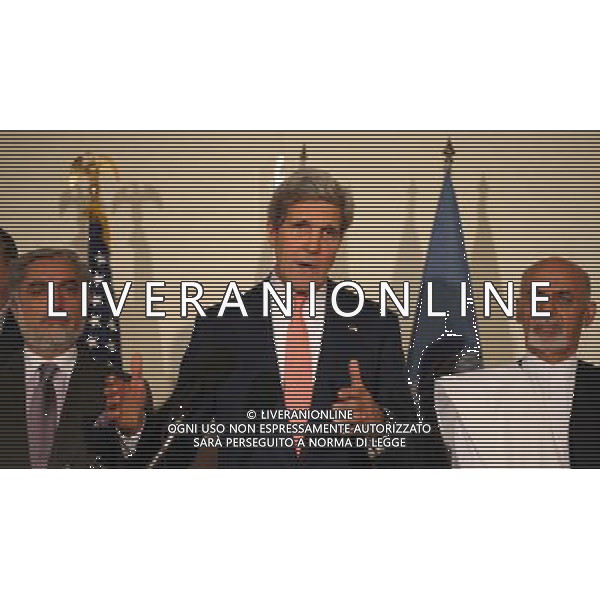 (140712) -- KABUL, July 12, 2014 () -- U.S. Secretary of State John Kerry (C) speaks during a joint press conference in Kabul, Afghanistan, on July 12, 2014. The Afghan presidential election standoff was ended after two days intense talks between two presidential candidates and the U.S. Secretary of State John Kerry. (/Ahmad Massoud) AG ALDO LIVERANI SAS ONLY ITALY
