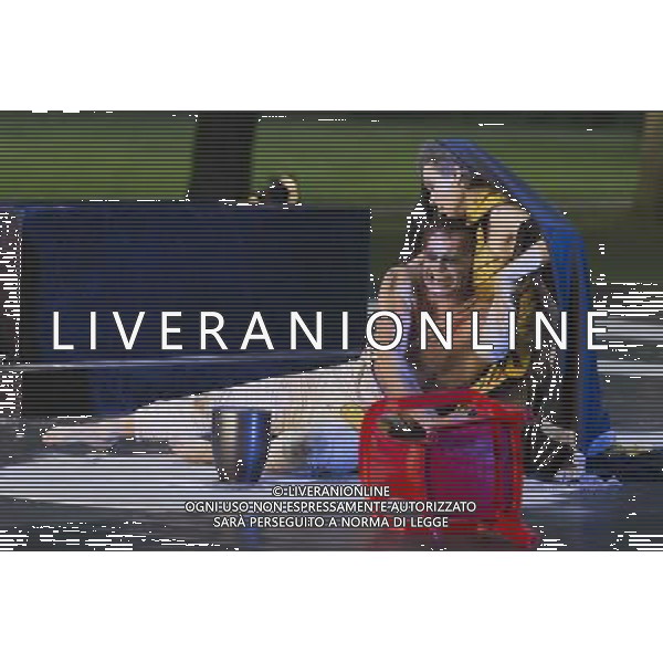 11 July 2014, Muelheim/Ruhr, Germany. Simone Thoma as Antigone and Steffen Reuber as Polyneikes/Polynices. Roberto Ciulli\'s \'Theater an der Ruhr\' perform \'Antigone\' as part of their open-air season \'Weisse Naechte\' (White Nights) in Raffelbergpark, Muelheim an der Ruhr, Germany. AG ALDO LIVERANI SAS ONLY ITALY