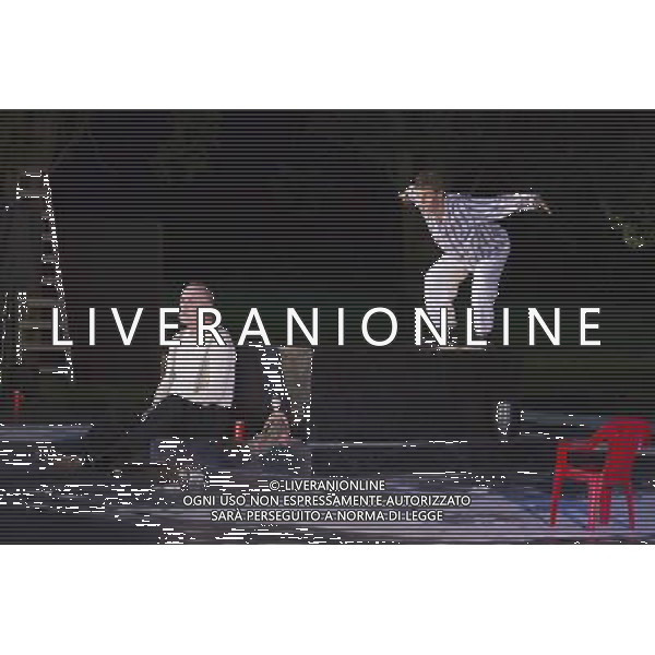 11 July 2014, Muelheim/Ruhr, Germany. Volker Roos as Creon and Maria Neumann as Teiresias. Roberto Ciulli\'s \'Theater an der Ruhr\' perform \'Antigone\' as part of their open-air season \'Weisse Naechte\' (White Nights) in Raffelbergpark, Muelheim an der Ruhr, Germany. AG ALDO LIVERANI SAS ONLY ITALY