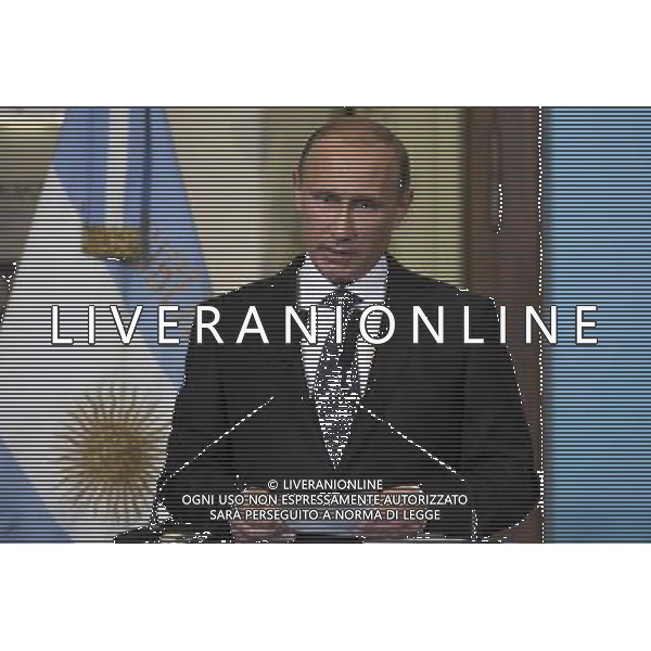 (140712) -- BUENOS AIRES, July 12, 2014 () -- Russian President Vladimir Putin delivers a speech during the signing ceremony of bilateral agreements with her Argentinean counterpart Cristina Fernandez in the Hall of Women of the Presidential House, in Buenos Aires, capital of Argentina, on July 12, 2014. Putin is in Argentina for an official visit where he will sign bilateral agreements prior to the BRICS countries (Brazil, Russia, India, China and South Africa) meeting, that will be held in Brazil, according to local press. (/Martin Zabala) (jp) (da) AG ALDO LIVERANI SAS ONLY ITALY