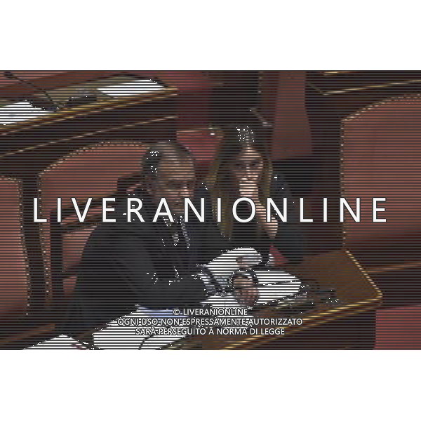 Senato 277a Seduta Pubblica Discussione dei disegni di legge costituzionale, Roma 14 luglio 2014 nella foto Roberto Calderoli con Maria Elena Boschi Â©Corradetti/Agenzia Aldo Liverani sas