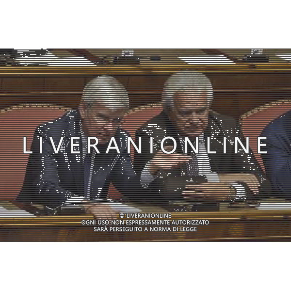 Senato 277a Seduta Pubblica Discussione dei disegni di legge costituzionale, Roma 14 luglio 2014 nella foto Paolo Romani con Denis Verdini Â©Corradetti/Agenzia Aldo Liverani sas