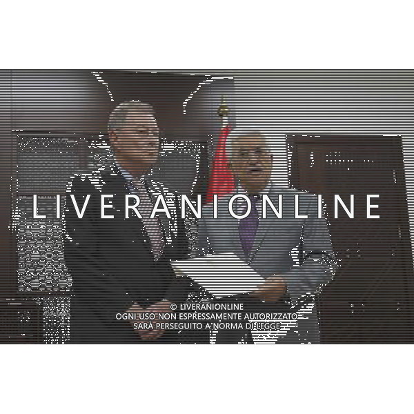 (140714) -- RAMALLAH, July 14, 2014 () -- Palestinian President Mahmoud Abbas (R) meets with Robert Serry, UN Secretary General Ban Ki-moon\'s envoy to the Middle East, in the west Bank city of Ramallah, on July 13, 2014. Palestinian President Mahmoud Abbas on Sunday asked the United Nations for an international protection to the Palestinian people amid a growing Israeli military offensive on the Gaza Strip. (/Fadi Arouri) (zjl) ©PHOTOSHOT/Agenzia Aldo Liverani sas - ITALY ONLY - EDITORIAL USE ONLY