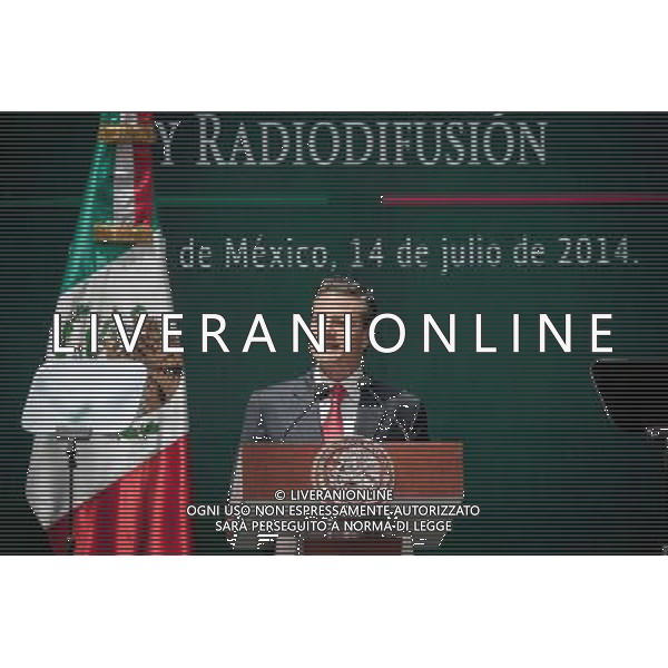 MX04 (140714) -- CIUDAD DE MEXICO, julio 14, 2014 (Xinhua) -- El Presidente de México, Enrique Peña Nieto, pronuncia un discurso, durante la ceremonia de promulgación de la Ley Federal de Telecomunicaciones, realizada en Palacio Nacional, en la Ciudad de México, capital de México, el 14 de julio de 2014. (Xinhua/Pedro Mera) (pm) ©PHOTOSHOT/Agenzia Aldo Liverani sas - ITALY ONLY - EDITORIAL USE ONLY - Il presidente del Messico, Enrique Pena Nieto, pronuncia un discorso durante la cerimonia di firma della legge federale delle Telecomunicazioni, presso il Palazzo Nazionale di Citta\' del Messico 14 luglio 2014