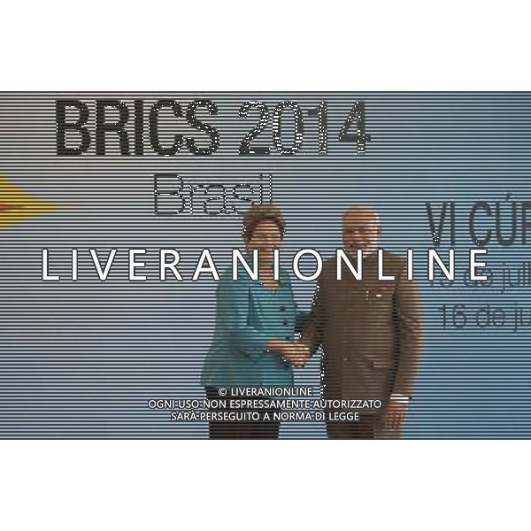 (140715) -- FORTALEZA, July 15, 2014 () -- Indian Prime Minister Narendra Modi (R) is welcomed by Brazilian President Dilma Rousseff prior to the 6th BRICS Summit in Fortaleza, Brazil, July 15, 2014. (/Xu Zijian)(lyz) AG ALDO LIVERANI SAS ONLY ITALY