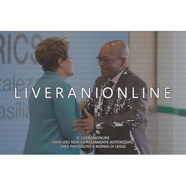 (140715) -- FORTALEZA, July 15, 2014 () -- South African President Jacob Zuma (R) is welcomed by Brazilian President Dilma Rousseff prior to the 6th BRICS Summit in Fortaleza, Brazil, July 15, 2014. (/Xu Zijian)(lyz) AG ALDO LIVERANI SAS ONLY ITALY