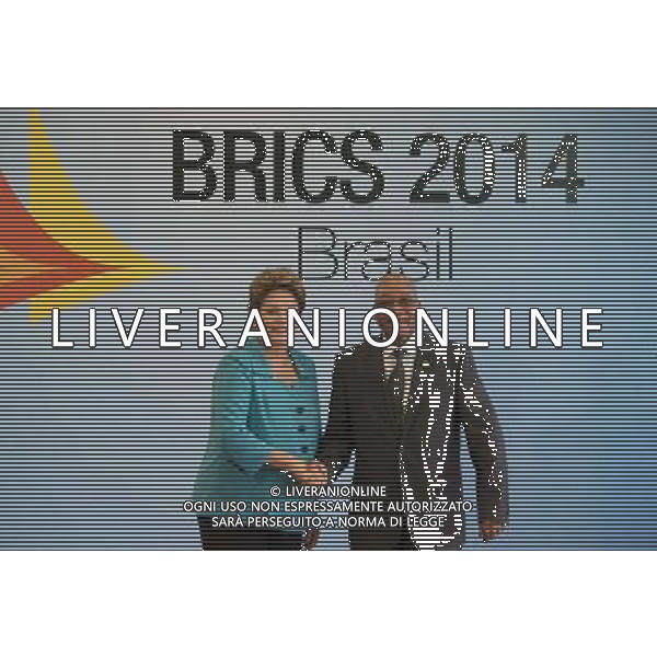 (140715) -- FORTALEZA, July 15, 2014 () -- South African President Jacob Zuma (R) is welcomed by Brazilian President Dilma Rousseff prior to the 6th BRICS Summit in Fortaleza, Brazil, July 15, 2014. (/Xu Zijian)(lyz) AG ALDO LIVERANI SAS ONLY ITALY