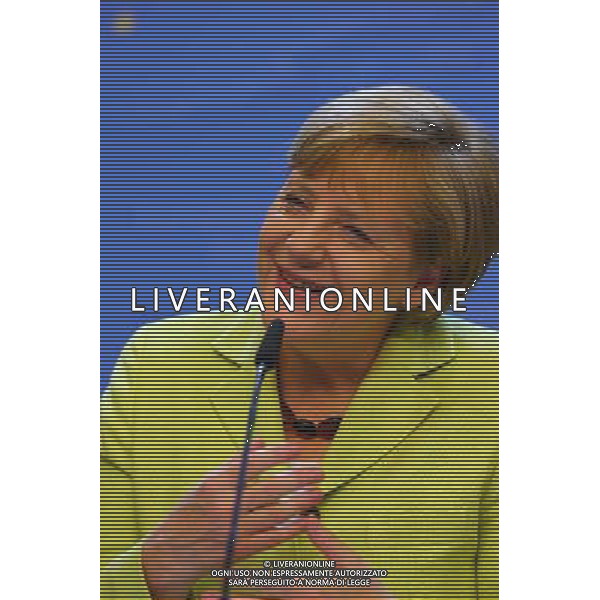 (140717) -- BRUSSELS, July 17, 2014 () -- German Chancellor Angela Merkel smiles as she receives birthday wishes at a press conference after a special meeting of the European Council at the EU headquarters in Brussels, capital of Belgium, July 17, 2014, on the occasion of Merkel\'s 60th birthday. (/Gong Bing) ©PHOTOSHOT/Agenzia Aldo Liverani sas - ITALY ONLY - EDITORIAL USE ONLY - Riunione straordinaria del Consiglio europeo presso la sede dell\'Unione europea a Bruxelles, capitale del Belgio 17 luglio 2014