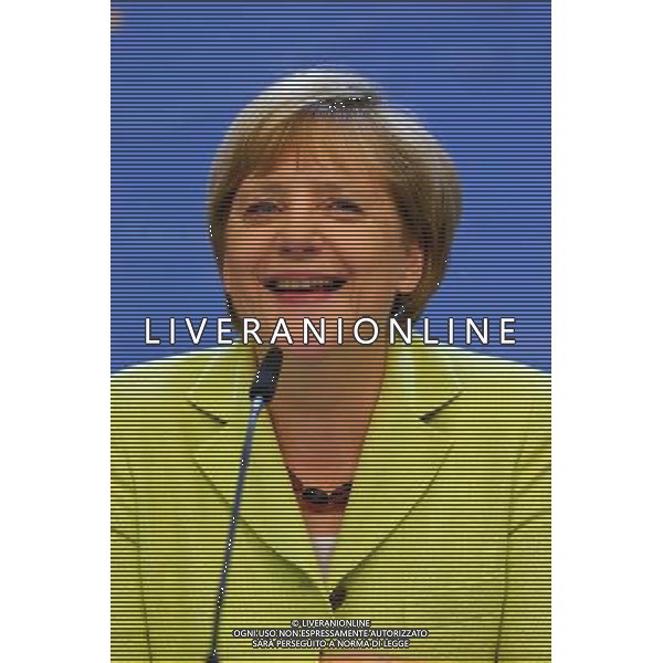 (140717) -- BRUSSELS, July 17, 2014 () -- German Chancellor Angela Merkel smiles as she receives birthday wishes at a press conference after a special meeting of the European Council at the EU headquarters in Brussels, capital of Belgium, July 17, 2014, on the occasion of Merkel\'s 60th birthday. (/Gong Bing) ©PHOTOSHOT/Agenzia Aldo Liverani sas - ITALY ONLY - EDITORIAL USE ONLY - Riunione straordinaria del Consiglio europeo presso la sede dell\'Unione europea a Bruxelles, capitale del Belgio 17 luglio 2014