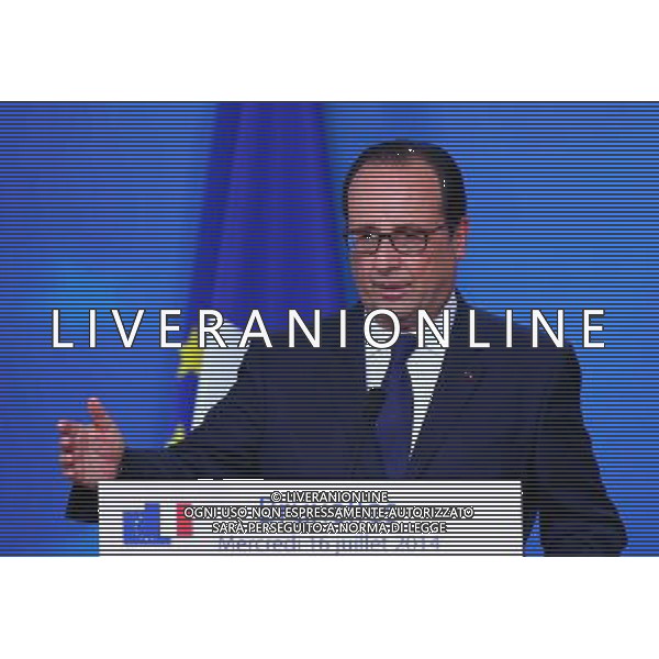 (140717) -- BRUSSELS, July 17, 2014 () -- French President Francois Hollande attends a press conference after the special meeting of the European Council at the EU headquarters in Brussels, capital of Belgium, July 17, 2014. (/Gong Bing) ©PHOTOSHOT/Agenzia Aldo Liverani sas - ITALY ONLY - EDITORIAL USE ONLY - Riunione straordinaria del Consiglio europeo presso la sede dell\'Unione europea a Bruxelles, capitale del Belgio 17 luglio 2014