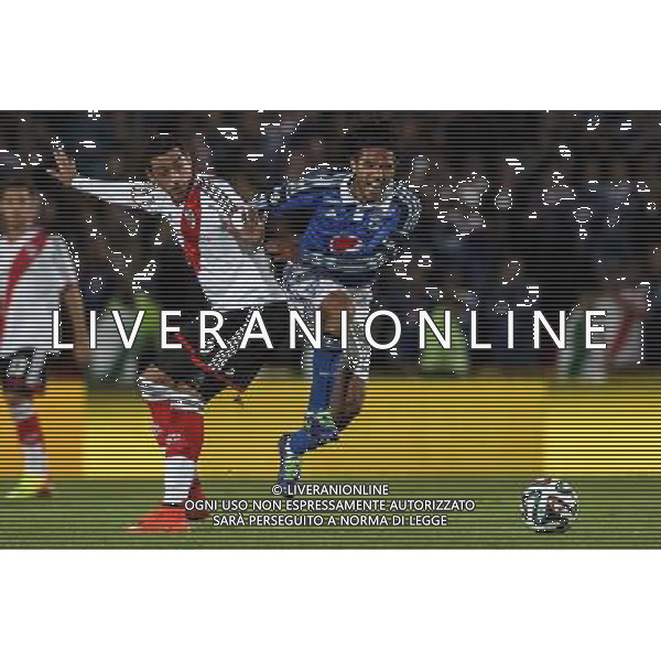 (140717) -- BOGOTA, July 17, 2014 () -- Fabian Vargas (R) of Colombia\'s Millonarios vies for the ball with Ramiro Funes (L) of Argentina\'s River Plate, during a match to pay tribute to late former Argentine soccer player Alfredo Di Stefano, in Bogota city, capital of Colombia, on July 16, 2014. (/Jhon Paz) (fnc) (ah) ©PHOTOSHOT/Agenzia Aldo Liverani sas - ITALY ONLY - EDITORIAL USE ONLY