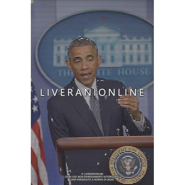 (140718) -- WASHINGTON D.C., July 18, 2014 () -- U.S. President Barack Obama speaks on the situation in Ukraine at the briefing room of the White House in Washington D.C., the United States, on July 18, 2014. Evidence showed that the missile that took down a Malaysian airliner was launched from an area that is controlled by separatists in eastern Ukraine, U.S. President Barack Obama said on Friday. (/Yin Bogu) ©PHOTOSHOT/AGENZIA ALDO LIVERANI SAS - ITALY ONLY - EDITORIAL USE ONLY