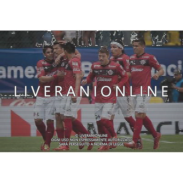 (140727) -- MEXICO CITY, July 27, 2014 () -- Xolos\' players celebrate the team\'s scoring during the match of the MX League Opening Tournament against America, held at Azteca Stadium in Mexico City, capital of Mexico, on July 26, 2014. (/Pedro Mera) (vf) (fnc) ©PHOTOSHOT/Agenzia Aldo Liverani sas - ITALY ONLY - EDITORIAL USE ONLY - AMERICA Vs XOLOS partita di apertura del torneo MX League Campionato messicano, presso Azteca Stadium di Citta\' del Messico 26 luglio 2014