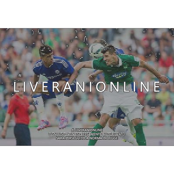 Dominic Solanke #36 of Chelsea FC and Branislav Ivanovic #2 of Chelsea FC vs Nemanja Mitrovic #32 of NK Olimpija Ljubljana // during international Friendly between NK Olimpija Ljubljana and Chelsea FC at the SRC Stozice in Ljubljana, Slovenia on 2014/07/27. EXPA Pictures © 2014, PhotoCredit: EXPA/ Sportida/ Vid Ponikvar *****ATTENTION - OUT of SLO, FRA***** ©photoshot/Agenzia Aldo Liverani sas - ITALY ONLY - EDITORIAL USE ONLY - NK Olimpija Ljubljana Vs Chelsea FC partita amichevole internazionale allo SRC Stozice a Lubiana, in Slovenia 27 luglio 2014