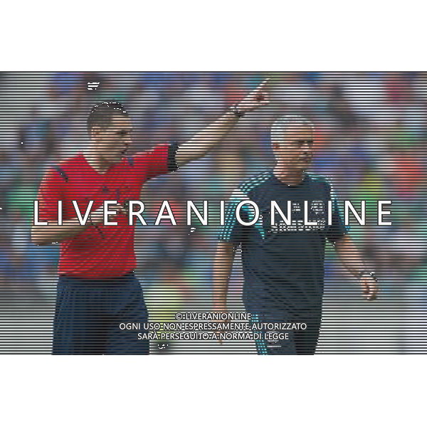 Referee Rade Obrenovic and Jose Mourinho, manager of team Chelsea FC, // during international Friendly between NK Olimpija Ljubljana and Chelsea FC at the SRC Stozice in Ljubljana, Slovenia on 2014/07/27. EXPA Pictures © 2014, PhotoCredit: EXPA/ Sportida/ Matic Klansek Velej *****ATTENTION - OUT of SLO, FRA***** ©PHOTOSHOT/Agenzia Aldo Liverani sas - ITALY ONLY - EDITORIAL USE ON - NK Olimpija Ljubljana Vs Chelsea FC partita amichevole internazionale allo SRC Stozice a Lubiana, in Slovenia 27 luglio 2014