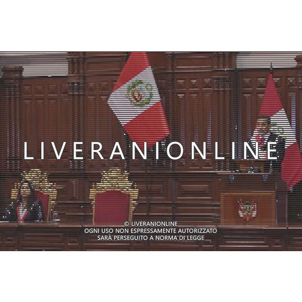 PRU05 (140728) -- LIMA, julio, 28, 2014 (Xinhua) -- El presidente peruano, Ollanta Humala (d), pronuncia un discurso durante un acto para conmemorar el 193 aniversario de la Independencia de Perú, acompañado por la presidenta del Congreso, Ana María Solórzano (c), en el Congreso de la Republica de la ciudad de Lima, capital del Perú el 28 de julio de 2014. El presidente peruano, Ollanta Humala dirigió su mensaje a la nación por fiestas patrias como acto central de las celebraciones del 193 aniversario de la independencia. (Xinhua/Luis Camacho) (lc) ©photoshot/Agenzia Aldo Liverani sas - ITALY ONLY - EDITORIAL USE ONLY