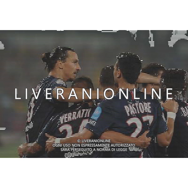 (140802) -- BEIJING, Aug. 2, 2014 () -- Paris Saint-Germain\'s Zlatan Ibrahimovic (1st, L) celebrates scoring with teammates during the match between Paris Saint-Germain and Guigamp in the French season-opening Champions Trophy football match in Beijing, China, on Aug. 2, 2014. Paris Saint-Germain won the match 2-0. (/Gong Lei) ©photoshot/Agenzia Aldo Liverani sas - ITALY ONLY - EDITORIAL USE ONLY