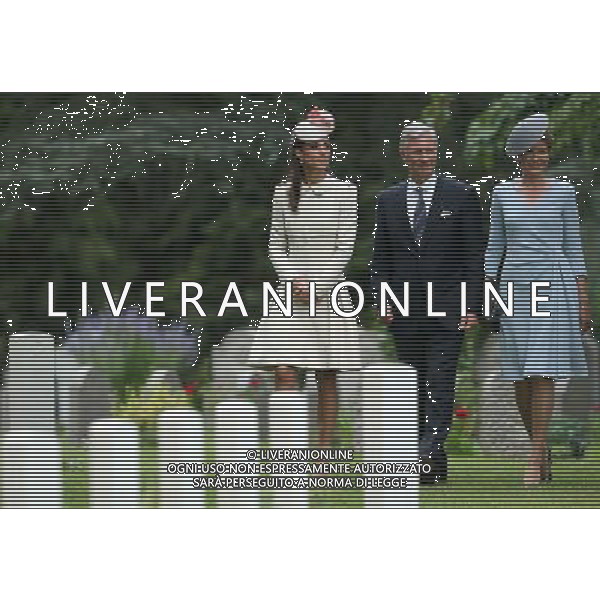 MONS, BELGIUM - AUGUST 04: Catherine, Duchess of Cambridge walks with King Philippe of Belgium and Queen Matilde of Belgium past war graves at St Symphorien Military Cemetery on August 4, 2014 in Mons, Belgium. Monday 4th August marks the 100th Anniversary of Great Britain declaring war on Germany. In 1914 British Prime Minister Herbert Asquith announced at 11pm that Britain was to enter the war after Germany had violated Belgium\'s neutrality. The First World War or the Great War lasted until 11 November 1918 and is recognised as one of the deadliest historical conflicts with millions of casualties. A series of events commemorating the 100th Anniversary are taking place throughout the day. ©PHOTOSHOT/Agenzia Aldo Liverani sas - ITALY ONLY - EDITORIAL USE ONLY - REALI INGLESI: Il principe William d\'Inghilterra e la moglie Kate Duchessa di Cambridge e il principe Harry al St Symphorien cimitero militare a Mons, Belgio 4 agosto 2014 nel 100mo Anniversario della Grande guerra