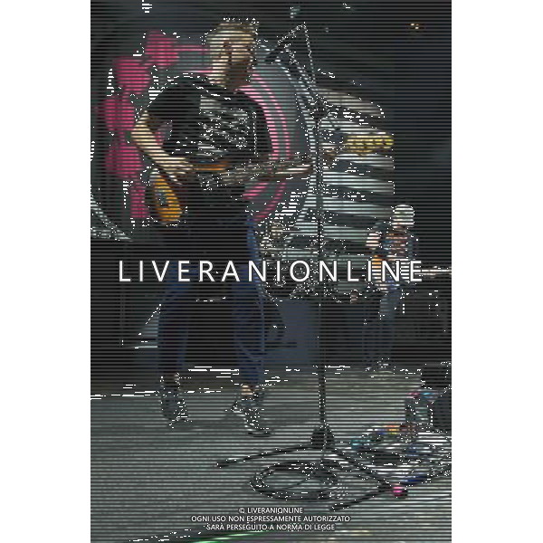 (L-R) Mark Hoppus, Travis Barker and Tom DeLonge of American Pop Punk band Blink-182 performing at the first of two shows at Brixton Academy, London, England, UK on Wednesday 6th August 2014. AG ALDO LIVERANI SAS ONLY ITALY