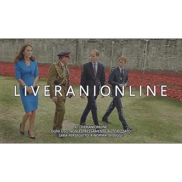 The Duke and Duchess of Cambridge accompanied by Prince Harry walks with Lord Dannatt, Constable of the Tower of London, as they view the Tower of London\'s \'Blood Swept Lands and Seas of Red\' poppy installation which commemorate the 100th anniversary of the outbreak of First World War. AG ALDO LIVERANI SAS ONLY ITALY