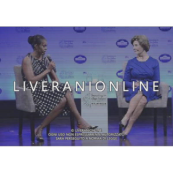 First lady Michelle Obama and former first lady Laura Bush participate in a conversation on \'Investing in our Future at the U.S. - Africa Leaders Summit at the John F. Kennedy Center for the Performing Arts in Washington, D.C. on Wednesday, August 6, 2014. AG ALDO LIVERANI SAS ONLY ITALY