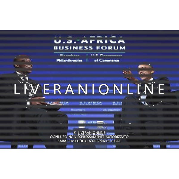 United States President Barack Obama engages in a question-and-answer session with Takunda Ralph Michael Chingonzo of Zimbabwe (L) during the U.S.-Africa Business Forum at the Mandarin Oriental Hotel in Washington D.C., USA, 5 August 2014. President Barack Obama is promoting business relationships between the United States and African countries during the three-day U.S.-Africa Leaders Summit, where 49 heads of state are meeting in Washington. AG ALDO LIVERANI SAS ONLY ITALY