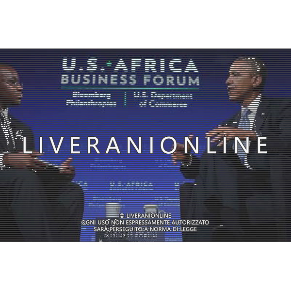United States President Barack Obama engages in a question-and-answer session with Takunda Ralph Michael Chingonzo of Zimbabwe (L) during the U.S.-Africa Business Forum at the Mandarin Oriental Hotel in Washington D.C., USA, 5 August 2014. President Barack Obama is promoting business relationships between the United States and African countries during the three-day U.S.-Africa Leaders Summit, where 49 heads of state are meeting in Washington. AG ALDO LIVERANI SAS ONLY ITALY