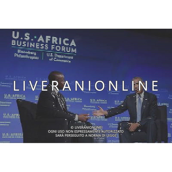 United States President Barack Obama engages in a question-and-answer session with Takunda Ralph Michael Chingonzo of Zimbabwe (L) during the U.S.-Africa Business Forum at the Mandarin Oriental Hotel in Washington D.C., USA, 5 August 2014. President Barack Obama is promoting business relationships between the United States and African countries during the three-day U.S.-Africa Leaders Summit, where 49 heads of state are meeting in Washington. AG ALDO LIVERANI SAS ONLY ITALY