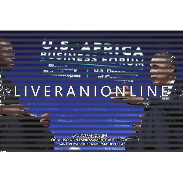 United States President Barack Obama engages in a question-and-answer session with Takunda Ralph Michael Chingonzo of Zimbabwe (L) during the U.S.-Africa Business Forum at the Mandarin Oriental Hotel in Washington D.C., USA, 5 August 2014. President Barack Obama is promoting business relationships between the United States and African countries during the three-day U.S.-Africa Leaders Summit, where 49 heads of state are meeting in Washington. AG ALDO LIVERANI SAS ONLY ITALY