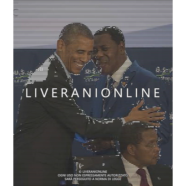 United States President Barack Obama chats with Benin President Boni Yayi before participating in ÏLeaders Session Three: Governing the Next Generation,Ó during the Africa Leaders Summit at the State Department in Washington, DC, August 6, 2014. Obama is promoting business relationships between the United States and African countries during the three-day U.S.-Africa Leaders Summit, where 49 heads of state are meeting in Washington. AG ALDO LIVERANI SAS ONLY ITALY