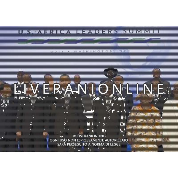 United States President Barack Obama takes part in the family photo at the Africa Leaders Summit, standing in between Mohamed Ould Abdel Aziz, President of the Islamic Republic of Mauritania (2nd Left) and Hifikepunye Pohamba, President of the Republic of Namibia (3rd Right), at the State Department in Washington DC, August 6, 2014. Obama is promoting business relationships between the United States and African countries during the three-day U.S.-Africa Leaders Summit, where 49 heads of state are meeting in Washington. AG ALDO LIVERANI SAS ONLY ITALY