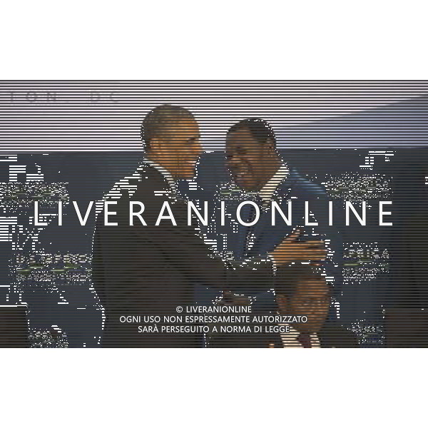 United States President Barack Obama chats with Benin President Boni Yayi before participating in ÏLeaders Session Three: Governing the Next Generation,Ó during the Africa Leaders Summit at the State Department in Washington, DC, August 6, 2014. Obama is promoting business relationships between the United States and African countries during the three-day U.S.-Africa Leaders Summit, where 49 heads of state are meeting in Washington. AG ALDO LIVERANI SAS ONLY ITALY