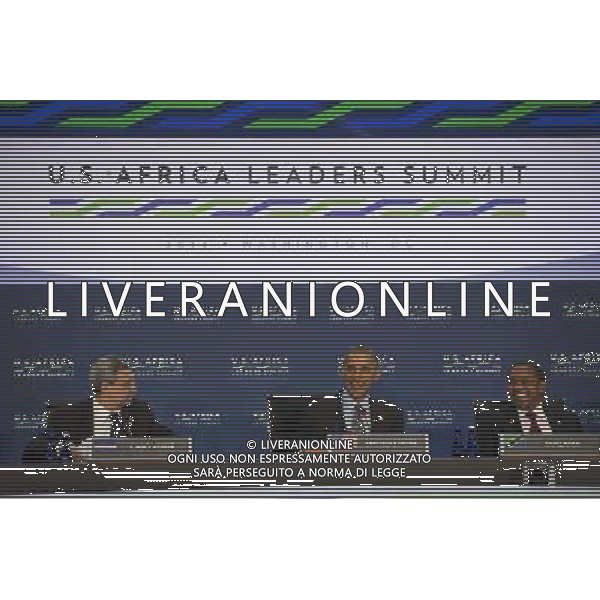 United States President Barack Obama takes his seat next to Tanzanian President Jakaya Mrisho Kikwete (Right) and Cabo Verde President Jorge Carlos de Almeida Fonseca before participating in ÏLeaders Session Three: Governing the Next Generation,Ó during the Africa Leaders Summit at the State Department in Washington, DC, August 6, 2014. Obama is promoting business relationships between the United States and African countries during the three-day U.S.-Africa Leaders Summit, where 49 heads of state are meeting in Washington. AG ALDO LIVERANI SAS ONLY ITALY