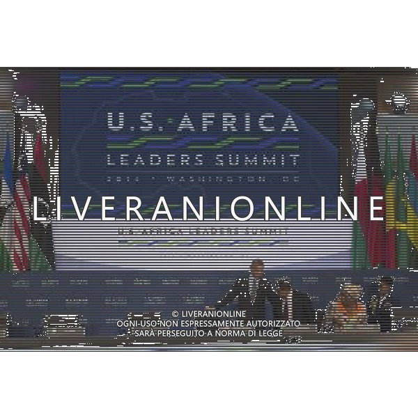 United States President Barack Obama takes his seat next to Tanzanian President Jakaya Mrisho Kikwete (3rd Right) and African Union Commission Chairperson Dr NC Dlamini Zuma (2nd Right) before participating in ÏLeaders Session Three: Governing the Next Generation,Ó during the Africa Leaders Summit at the State Department in Washington, DC, August 6, 2014. Obama is promoting business relationships between the United States and African countries during the three-day U.S.-Africa Leaders Summit, where 49 heads of state are meeting in Washington. AG ALDO LIVERANI SAS ONLY ITALY