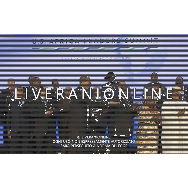 United States President Barack Obama takes part in the family photo at the Africa Leaders Summit, standing in between Mohamed Ould Abdel Aziz, President of the Islamic Republic of Mauritania (2nd Left) and Hifikepunye Pohamba, President of the Republic of Namibia (3rd Right), at the State Department in Washington DC, August 6, 2014. Obama is promoting business relationships between the United States and African countries during the three-day U.S.-Africa Leaders Summit, where 49 heads of state are meeting in Washington. AG ALDO LIVERANI SAS ONLY ITALY