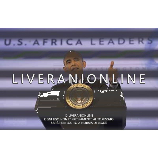 United States President Barack Obama speaks during a press conference after the Africa Leaders Summit at the State Department in Washington, DC, August 6, 2014. Obama promoted business relationships between the United States and African countries during the three-day U.S.-Africa Leaders Summit, where 49 heads of state are meeting in Washington. AG ALDO LIVERANI SAS ONLY ITALY