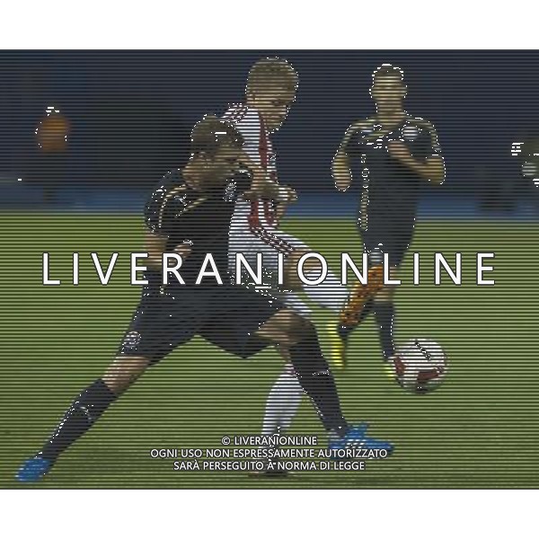 (140807) -- ZAGREB, AUG. 7, 2014 () -- Domagoj Antolic of Dinamo Zagreb (L) vies with Mathias Wichmann of Aalborg during UEFA Champions League 3rd Qualifying Round soccer match at the Maksimir Stadium in Zagreb, Croatia, Aug. 6, 2014. Aalborg won 2-0.(/Miso Lisanin) AG ALDO LIVERANI SAS ONLY ITALY