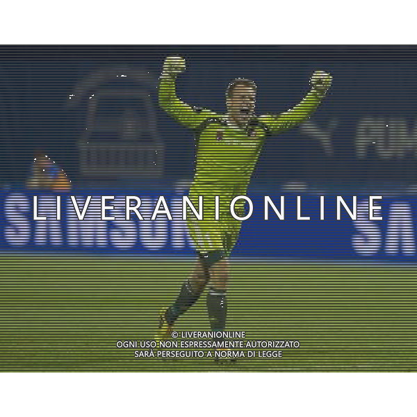 (140807) -- ZAGREB, AUG. 7, 2014 () -- Goalkeeper Nicolai Larsen of Aalborg celebrates during UEFA Champions League 3rd Qualifying Round soccer match against Dinamo Zagreb at the Maksimir Stadium in Zagreb, Croatia, Aug. 6, 2014. Aalborg won 2-0. (/Miso Lisanin) AG ALDO LIVERANI SAS ONLY ITALY