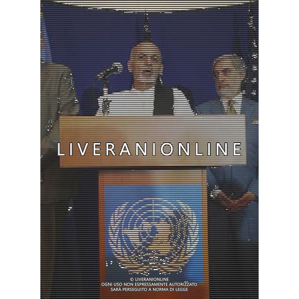 (140808) -- KABUL, Aug. 8, 2014 () -- Afghan presidential candidate Ashraf Ghani Ahmadzai speaks during a joint press conference in Kabul, Afghanistan on Aug. 8, 2014. Both Afghan presidential candidates Abdullah Abdullah and Ashraf Ghani Ahmadzai on Friday agreed to accept the election results. They made the announcement at a joint press conference attended by U.S. Secretary of State John Kerry and UN Secretary General Special envoy to Afghanistan Jan Kubis here. (/Ahmad Massoud) ©PHOTOSHOT/Agenzia Aldo Liverani sas - ITALY ONLY - EDITORIAL USE ONLY