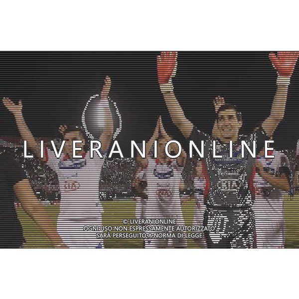 (140807) -- ASUNCION, AUG. 7, 2014 () -- Nacional\'s players celebrate after the first-leg final match of the 2014 Libertadores Cup against San Lorenzo at Defensores del Chaco Stadium, in Asuncion, Paraguay, on Aug. 6, 2014. (/Str) (fnc) (ah) ©photoshot/Agenzia Aldo Liverani sas - ITALY ONLY - EDITORIAL USE ONLY