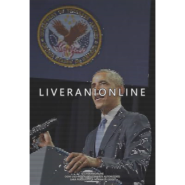 United States President Barack Obama makes remarks prior to signing HR 3230, The Veterans\' Access to Care through Choice, Accountability and Transparency Act of 2014, August 7, 2014, at Fort Belvoir, Virginia. The bill aims to assist military veteran\'s health care by streamlining the VA\'s bureaucracy in such areas as appointments and training of staff and personnel at VA medical care facilities. AG ALDO LIVERANI SAS ONLY ITALY