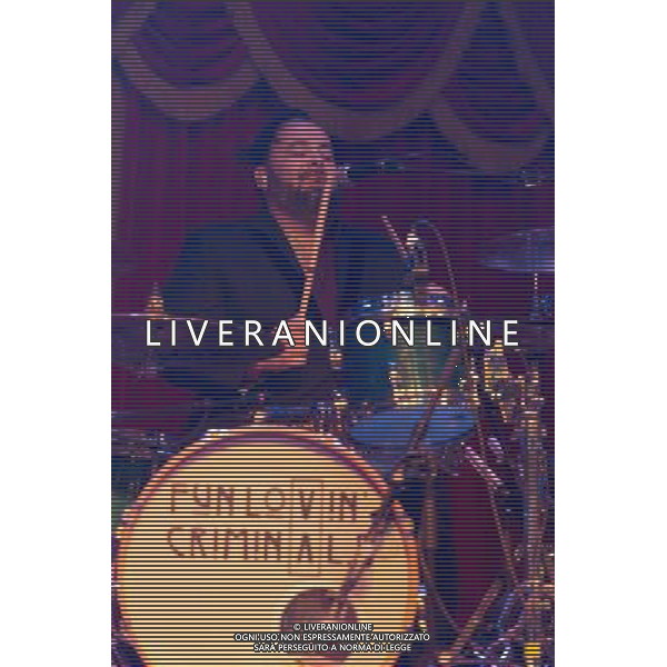 Fun Lovin\' Criminals (FLC) - Frank Benbini (drums) performing live on Hugh Thomas\' 46th birthday in concert at the Brooklyn Bowl, Greenwich, London, United Kingdom Date: 09/08/2014 AG ALDO LIVERANI SAS ONLY ITALY