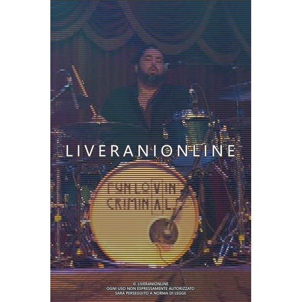 Fun Lovin\' Criminals (FLC) - Frank Benbini (drums) performing live on Hugh Thomas\' 46th birthday in concert at the Brooklyn Bowl, Greenwich, London, United Kingdom Date: 09/08/2014 AG ALDO LIVERANI SAS ONLY ITALY