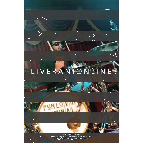 Fun Lovin\' Criminals (FLC) - Frank Benbini (drums) performing live on Hugh Thomas\' 46th birthday in concert at the Brooklyn Bowl, Greenwich, London, United Kingdom Date: 09/08/2014 AG ALDO LIVERANI SAS ONLY ITALY